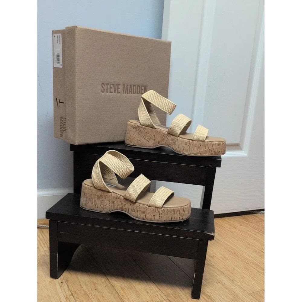 Steve Madden Sashes Raffia Natural Beige Cork Platform Sandals Size 8M NIB